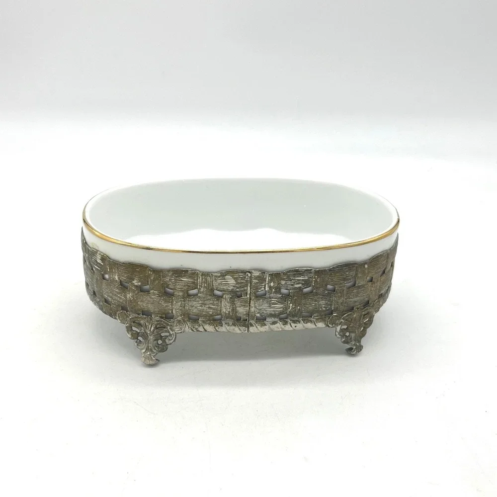 Vintage‎ Oval Ceramic Soap Dish with Ornate Silver Metal Footed Basket